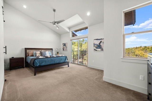 carpeted bedroom with access to exterior, baseboards, recessed lighting, a ceiling fan, and high vaulted ceiling