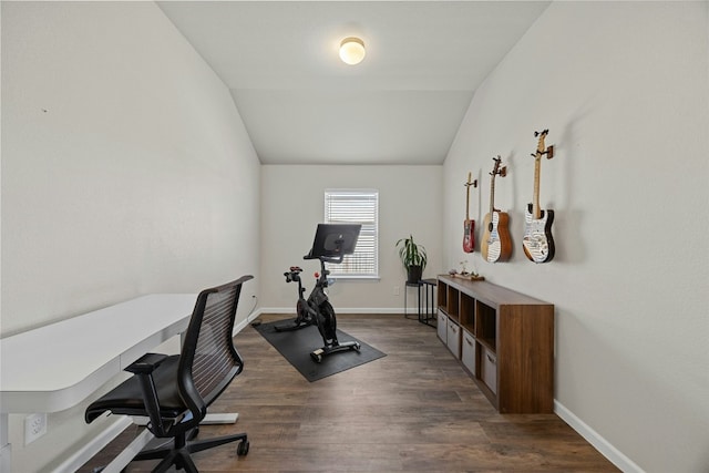 exercise room featuring lofted ceiling and dark wood-type flooring