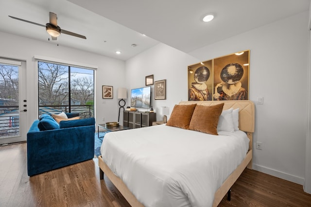 bedroom with dark wood-type flooring and access to outside