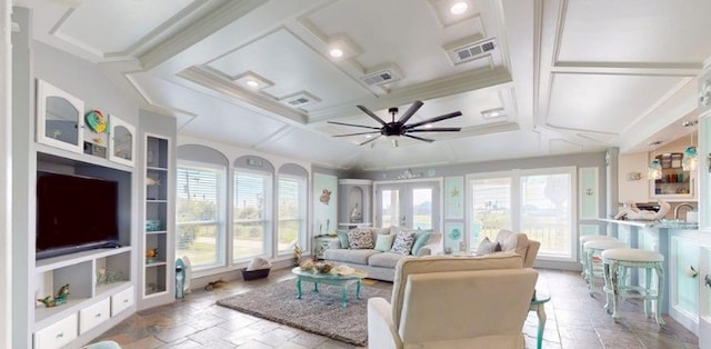 sunroom / solarium featuring coffered ceiling, beamed ceiling, french doors, and ceiling fan