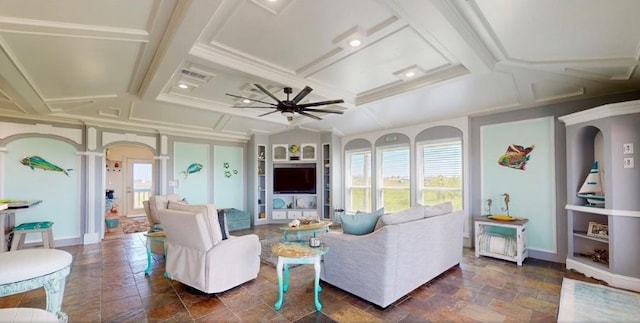 living room with built in shelves, coffered ceiling, ornate columns, ceiling fan, and beam ceiling