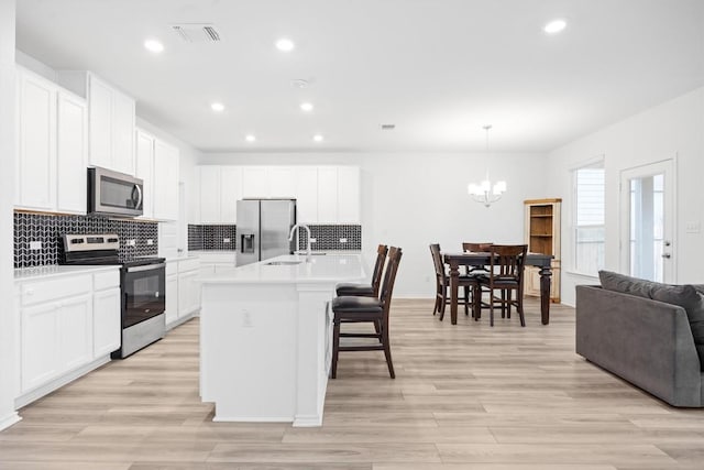 kitchen featuring pendant lighting, appliances with stainless steel finishes, an island with sink, and white cabinets