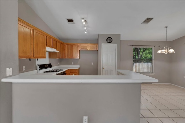 9145 Swanson Ln, Austin, TX 78748 - kitchen featuring under cabinet range hood, visible vents, stove, and light countertops