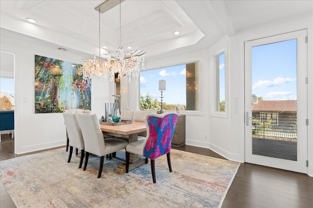 dining room with coffered ceiling, dark hardwood / wood-style floors, and a notable chandelier