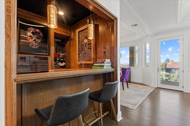 bar with dark hardwood / wood-style floors