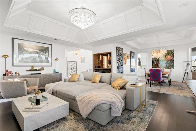 bedroom with coffered ceiling, a notable chandelier, and dark wood-type flooring