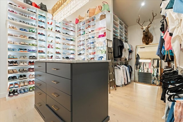 walk in closet with light wood-type flooring