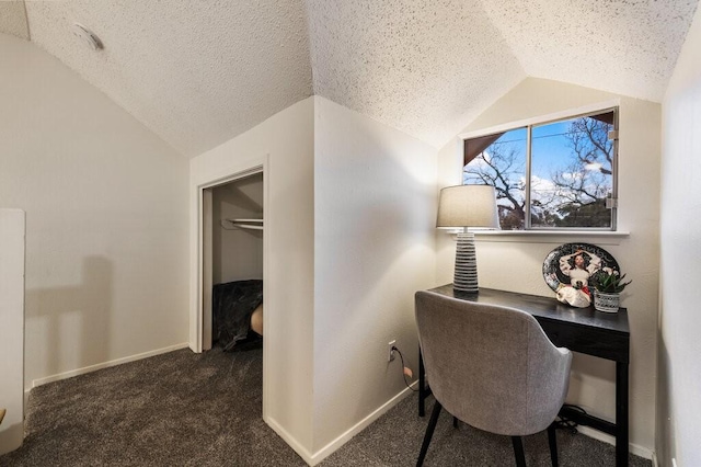 5608 Cougar Dr Unit 220, Austin, TX 78745 - home office with lofted ceiling, a textured ceiling, carpet, and baseboards