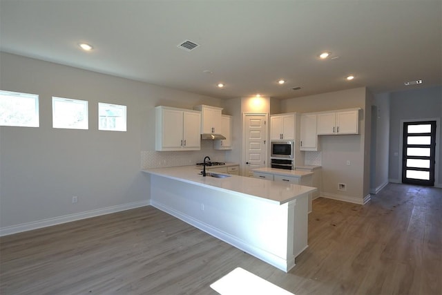 kitchen featuring visible vents, a sink, decorative backsplash, under cabinet range hood, and appliances with stainless steel finishes