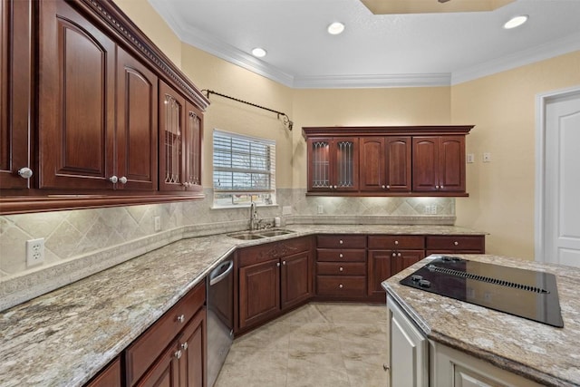 kitchen with sink, ornamental molding, black electric cooktop, decorative backsplash, and stainless steel dishwasher