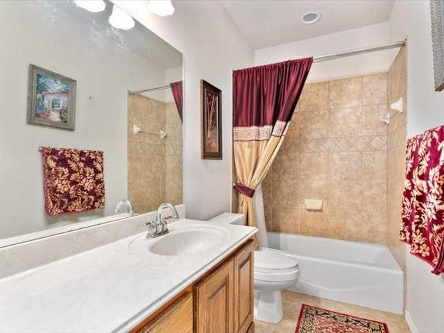 full bathroom with tile patterned flooring, vanity, shower / bath combination with curtain, and toilet