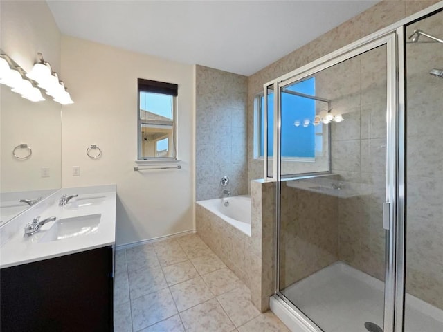 bathroom featuring vanity, tile patterned floors, and plus walk in shower