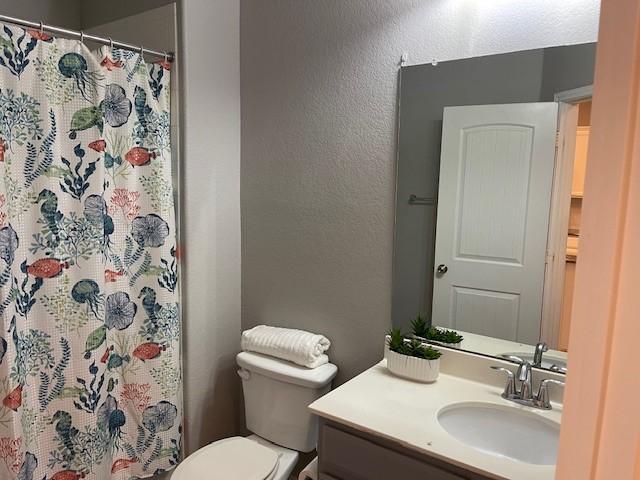 bathroom featuring a shower with curtain, vanity, and toilet