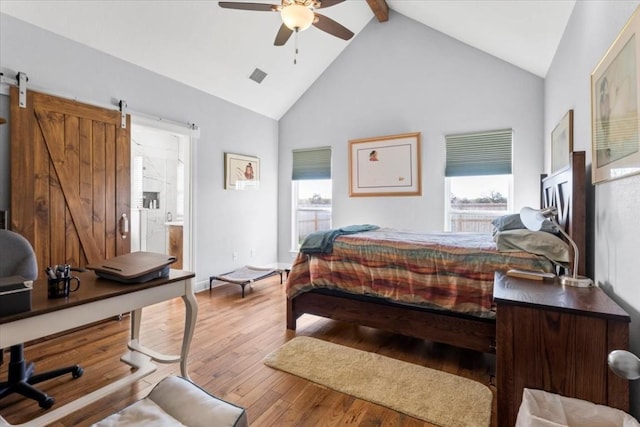 bedroom featuring high vaulted ceiling, beam ceiling, wood-type flooring, visible vents, and ceiling fan