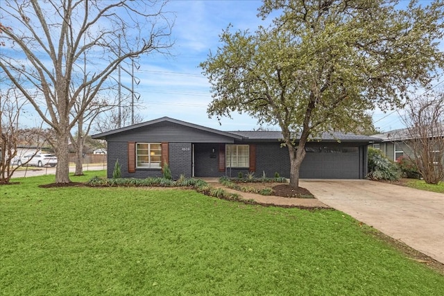 ranch-style house with a garage and a front lawn