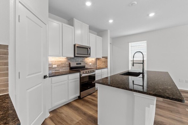 4829 Mozzafiato Ln, Round Rock, TX 78665 - kitchen with stainless steel appliances, wood finished floors, white cabinets, decorative backsplash, and dark stone countertops