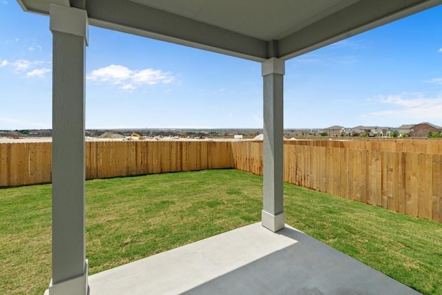 view of yard with a fenced backyard and a patio