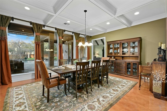 dining area featuring crown molding, coffered ceiling, an inviting chandelier, and beam ceiling