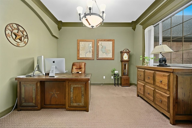 home office with an inviting chandelier, ornamental molding, and light colored carpet