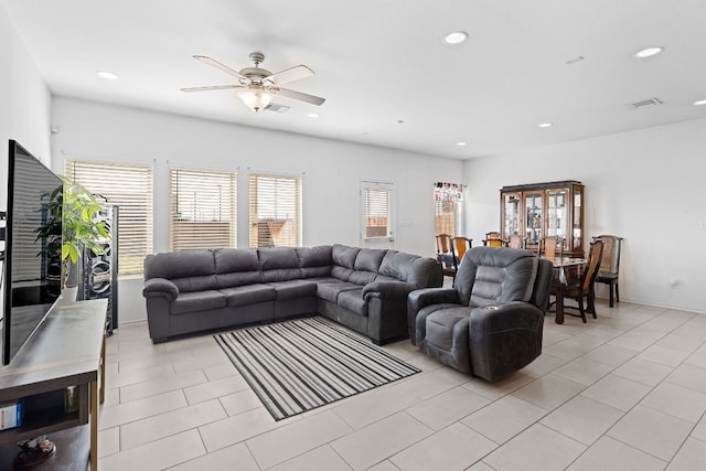 11813 Carrizo Springs Path, Manor, TX 78653 - living area featuring a ceiling fan, recessed lighting, and light tile patterned flooring