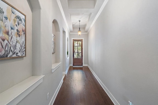 entryway featuring crown molding, dark wood-type flooring, and a raised ceiling