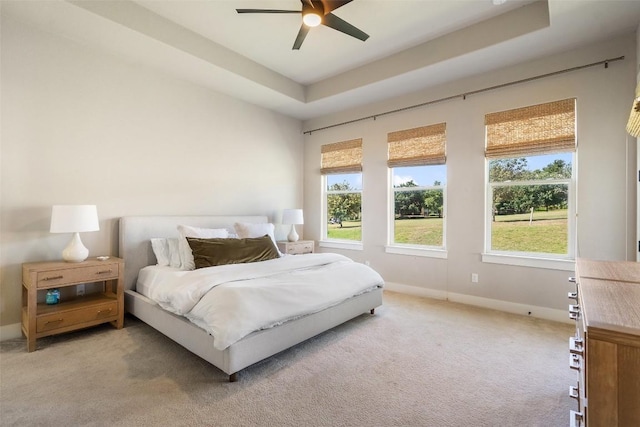 216 Fairlake Cir, Austin, TX 78734 - bedroom with light colored carpet, a tray ceiling, and ceiling fan