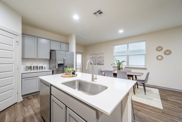 kitchen featuring a kitchen island with sink, sink, gray cabinetry, and appliances with stainless steel finishes