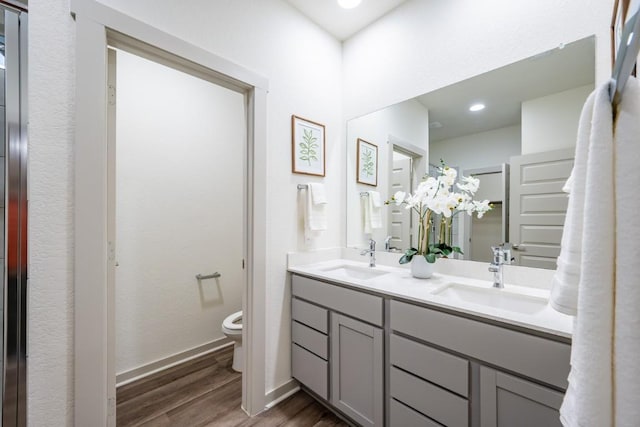 bathroom featuring vanity, wood-type flooring, and toilet