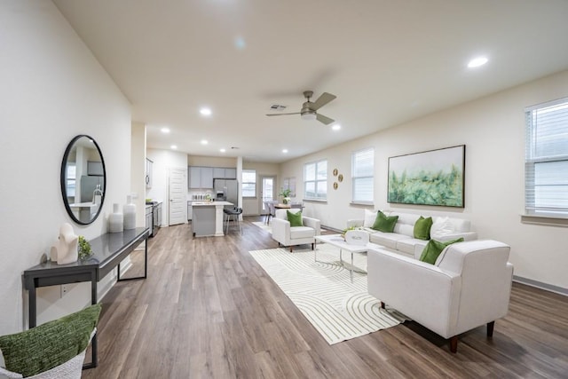 living room with wood-type flooring and ceiling fan