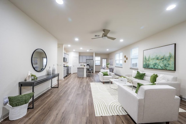 living room with hardwood / wood-style flooring and ceiling fan