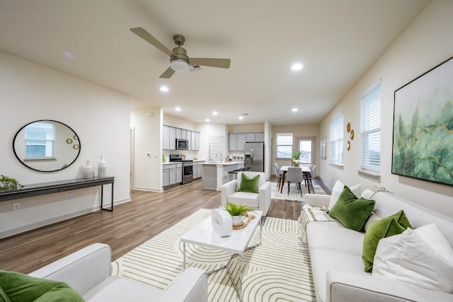 living room with ceiling fan, sink, and light hardwood / wood-style flooring