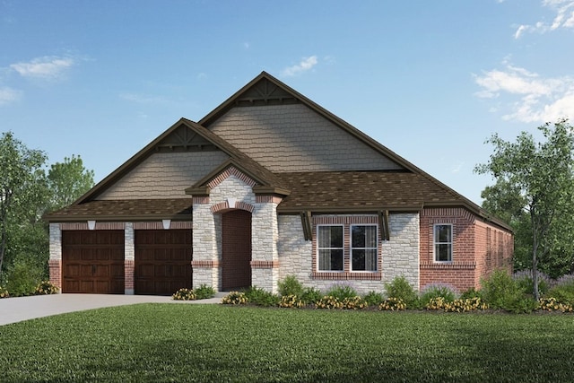 view of front of home with a garage and a front lawn