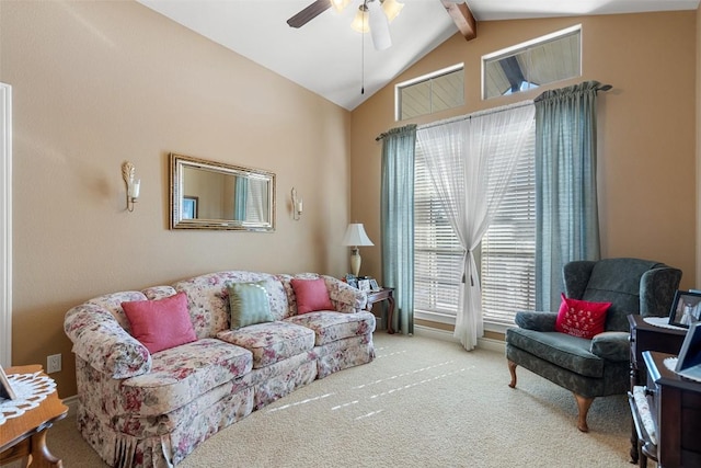 carpeted living room featuring lofted ceiling with beams and ceiling fan