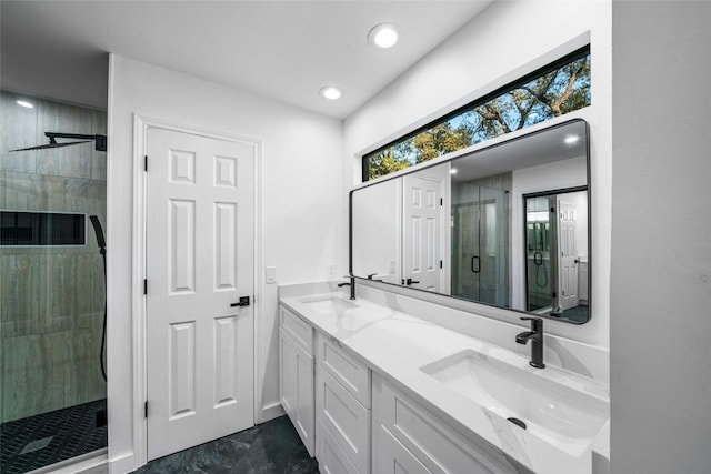 3507 Lovage Dr, Austin, TX 78727 - full bathroom with a stall shower, double vanity, and recessed lighting