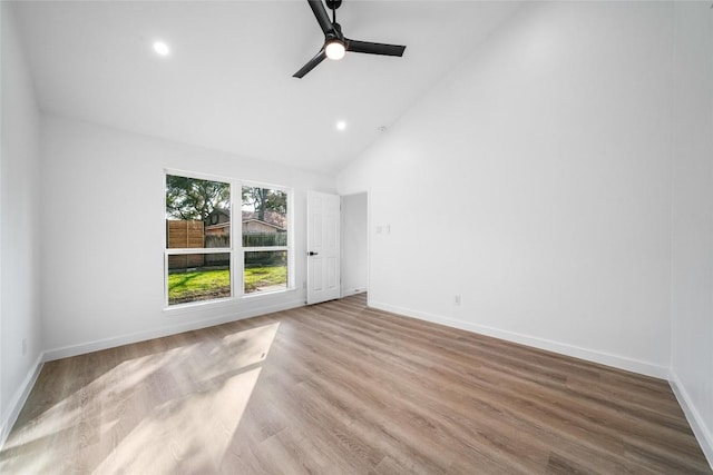 3507 Lovage Dr, Austin, TX 78727 - empty room with ceiling fan, high vaulted ceiling, recessed lighting, and wood finished floors