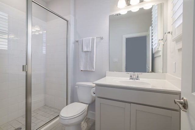 full bathroom with visible vents, a stall shower, vanity, and toilet