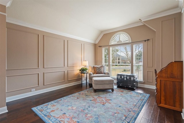 living area featuring lofted ceiling, crown molding, and dark wood-type flooring