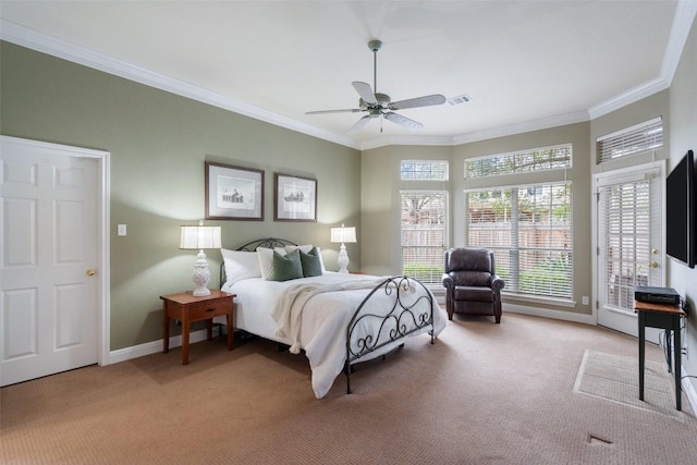 bedroom featuring ornamental molding, light colored carpet, and access to exterior