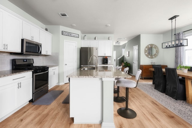 kitchen with appliances with stainless steel finishes, an island with sink, sink, white cabinets, and backsplash