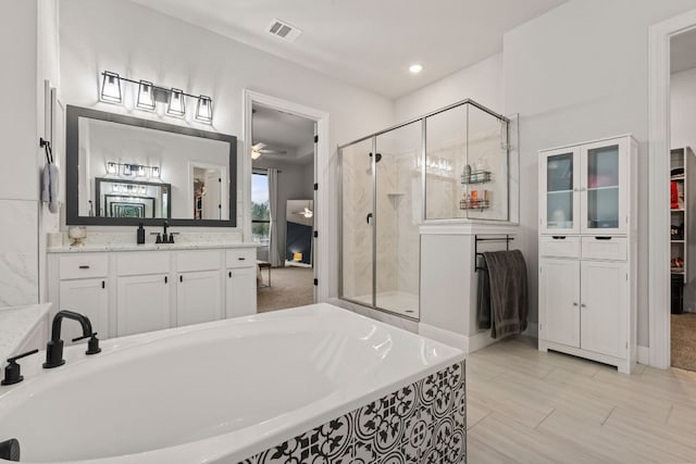 208 Tovas Secret Cv, Georgetown, TX 78628 - bathroom with a stall shower, vanity, a bath, ceiling fan, and a closet