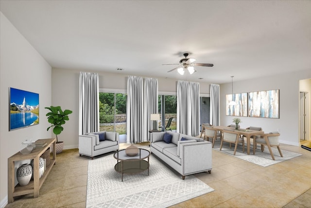 317 Yellow Rose Trl, Georgetown, TX 78633 - living area featuring baseboards, ceiling fan, and light tile patterned floors