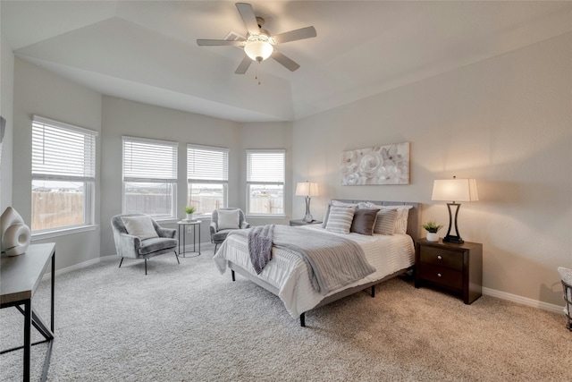 bedroom with light carpet and ceiling fan