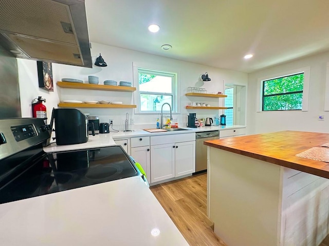 kitchen with a sink, open shelves, wall chimney exhaust hood, and stainless steel appliances