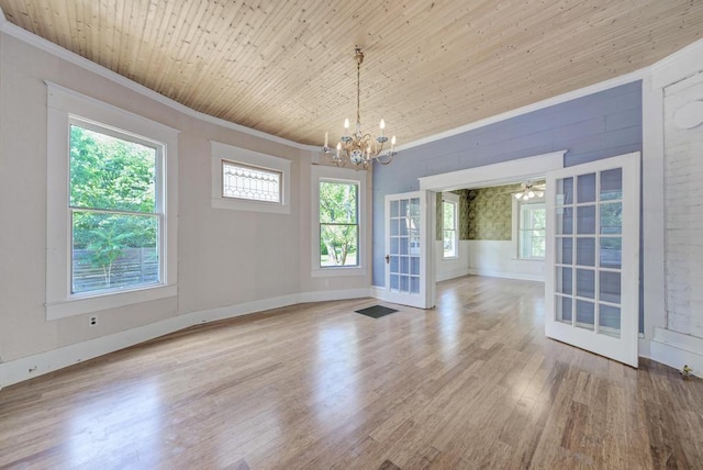 unfurnished dining area with wood ceiling, crown molding, light hardwood / wood-style floors, and a wealth of natural light