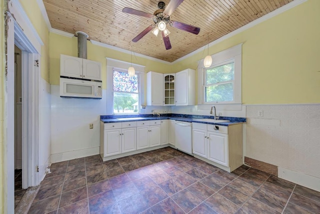 kitchen with white appliances, wooden ceiling, and white cabinets