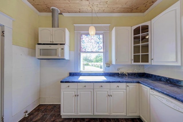 kitchen featuring ornamental molding, white cabinets, white appliances, and wood ceiling