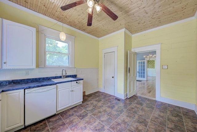 kitchen featuring sink, wood ceiling, white cabinetry, hanging light fixtures, and dishwasher