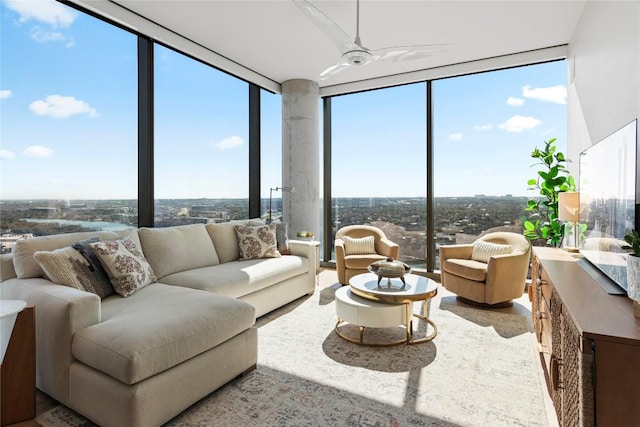 44 E Ave Unit 2310, Austin, TX 78701 - living area featuring expansive windows and a ceiling fan