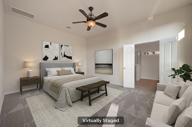 bedroom with ceiling fan and carpet