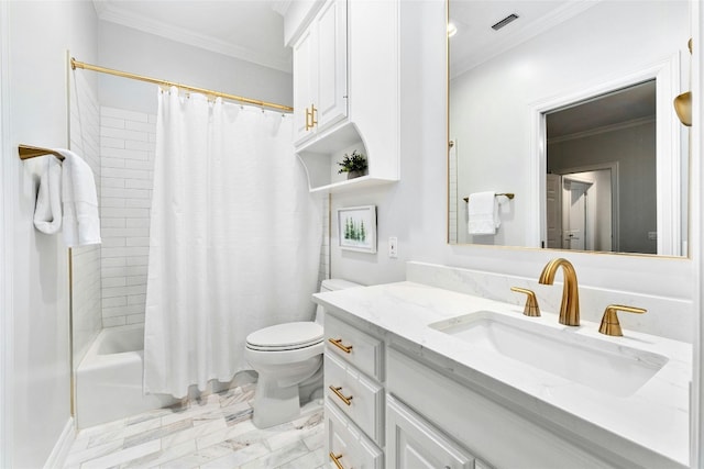 full bathroom featuring crown molding, toilet, shower / tub combo, and vanity